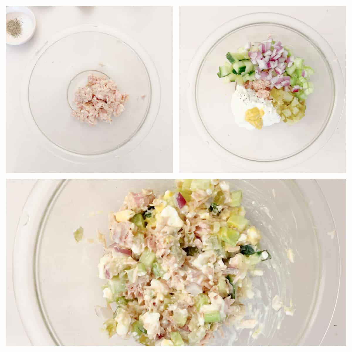 Three images show the steps of making tuna salad: plain tuna in a bowl, vegetables and toppings added, and the final mixed tuna salad.