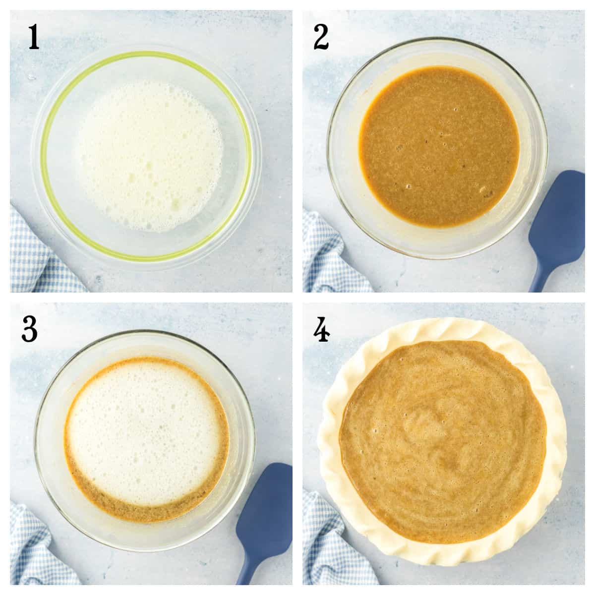 Four-step collage shows mixing a foamy liquid, combining it with a brown mixture, blending until smooth, and pouring the filling into an unbaked pie crust.