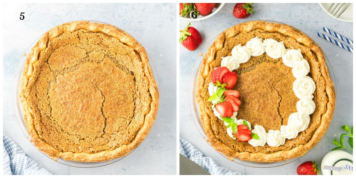 Side-by-side images of a baked pie: the left shows the backwoods maple plain pie with a cracked top, and the right shows the pie decorated with whipped cream, strawberries, and mint leaves.