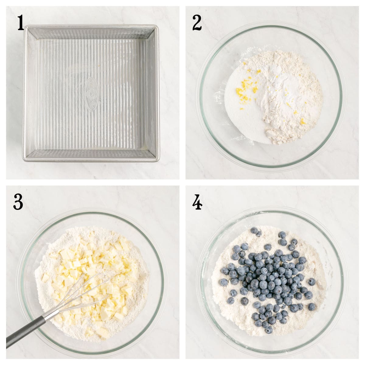 Four-step collage: 1) empty greased square baking pan, 2) bowl with flour, sugar, and lemon zest, 3) mixture with cubed butter, 4) mixture with added blueberries.