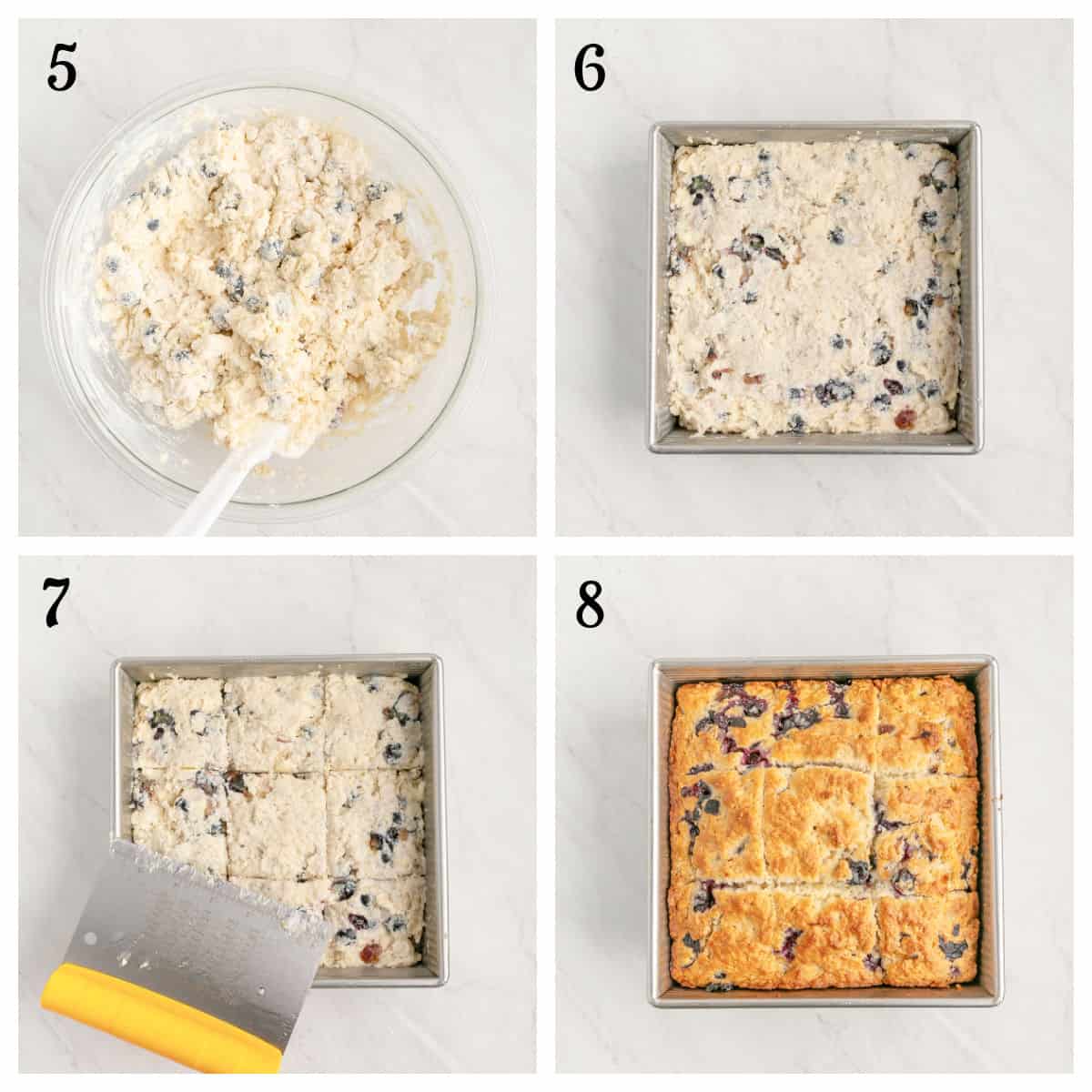 Four-step process of making blueberry squares: batter in a bowl, spread in a baking pan, cut into squares after baking, and fully baked blueberry squares in the pan.