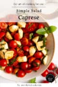 A bowl of caprese salad with cherry tomatoes, mozzarella, basil, and seasoning, viewed from above, with text overlay about simple salad recipes.