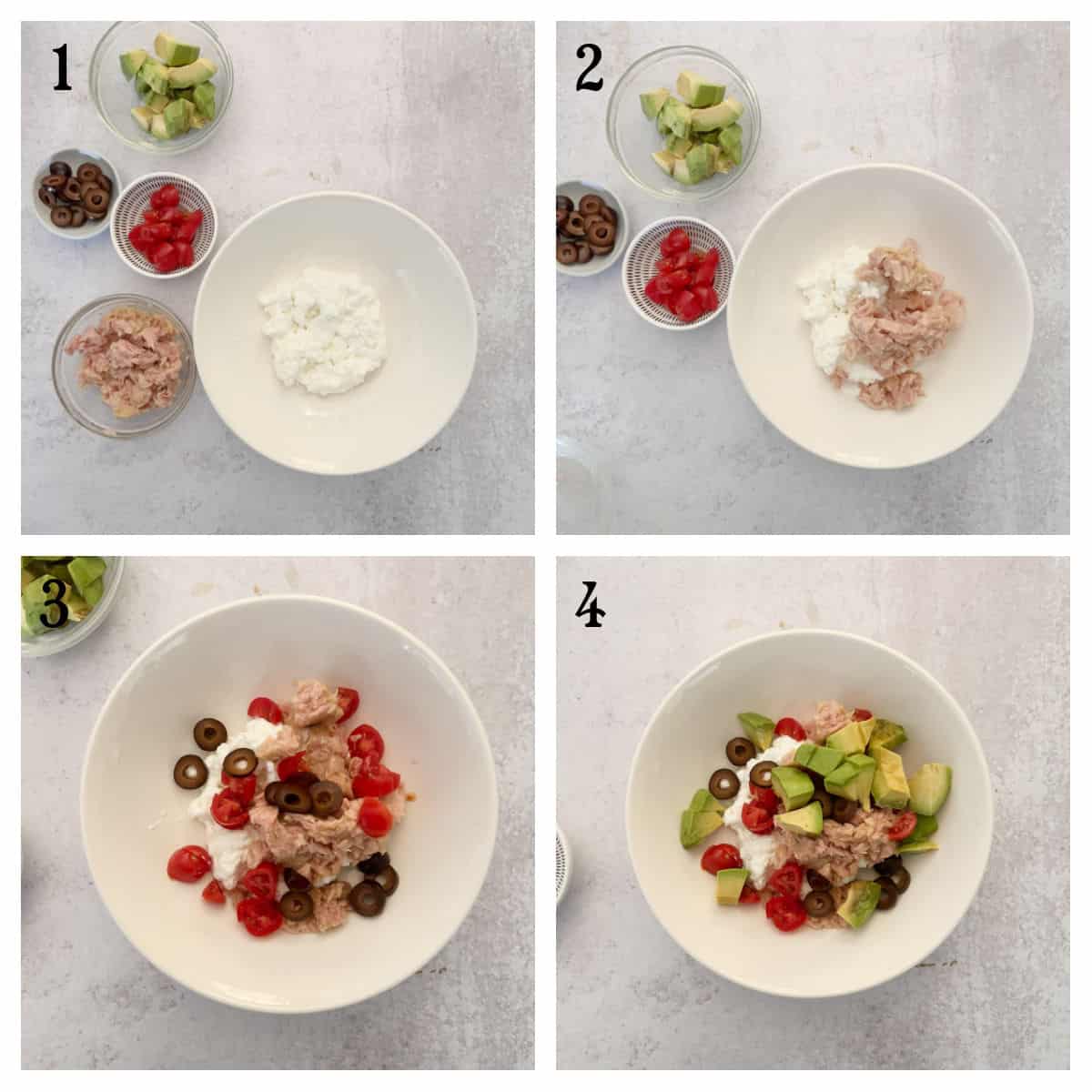 Four-step process of adding black olives, cherry tomatoes, and avocado to a bowl with tuna and cottage cheese, shown in sequential order from ingredients to combined mixture.