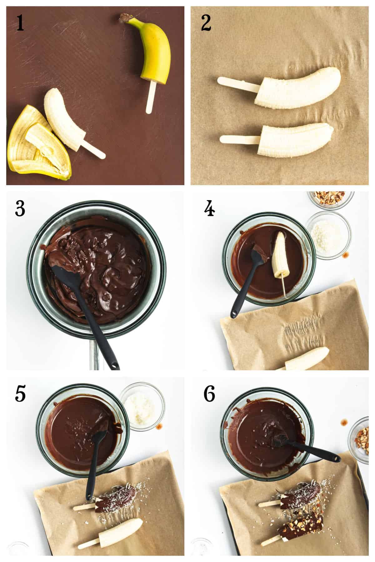 Step-by-step process for making a delicious banana dessert: slice and skewer bananas, melt chocolate, dip frozen bananas, then coat with your favorite toppings.