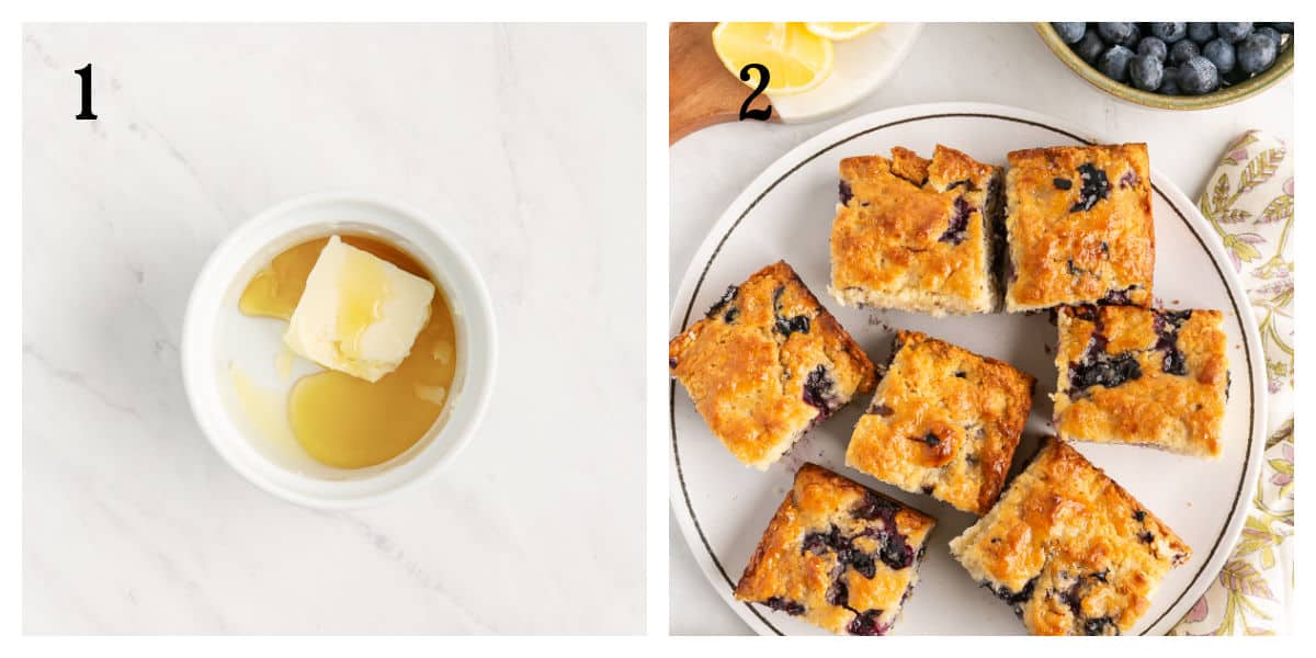 Side-by-side images: 1 shows a bowl with butter and honey, 2 shows a plate with eight pieces of blueberry cake, some lemon slices, and blueberries nearby.
