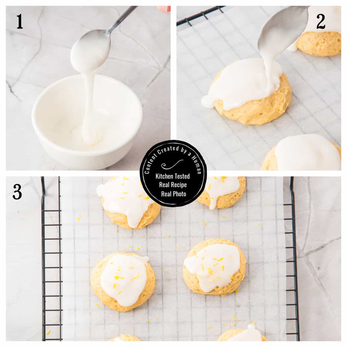 Three-step process: mixing white glaze in a bowl, spooning glaze onto cookies, and glazed cookies cooling on a wire rack with a dusting of lemon zest.