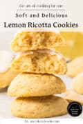 A stack of three lemon ricotta cookies with a bite taken from the top one, with more cookies blurred in the background. Text on the image promotes the recipe.