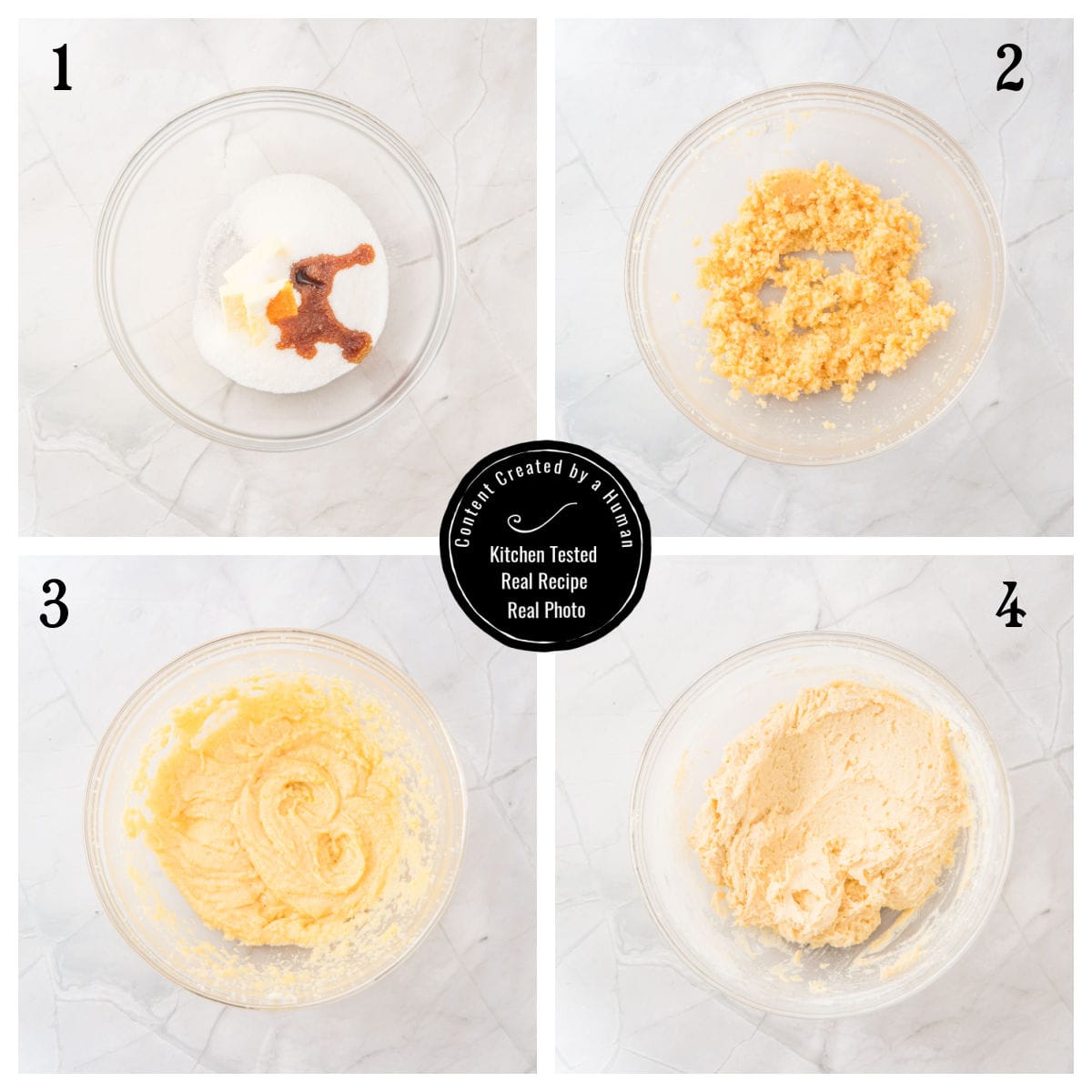 Four images show sequential mixing stages for a baking recipe: dry and wet ingredients, partially mixed, smoother mixture, and final creamy batter in a glass bowl.