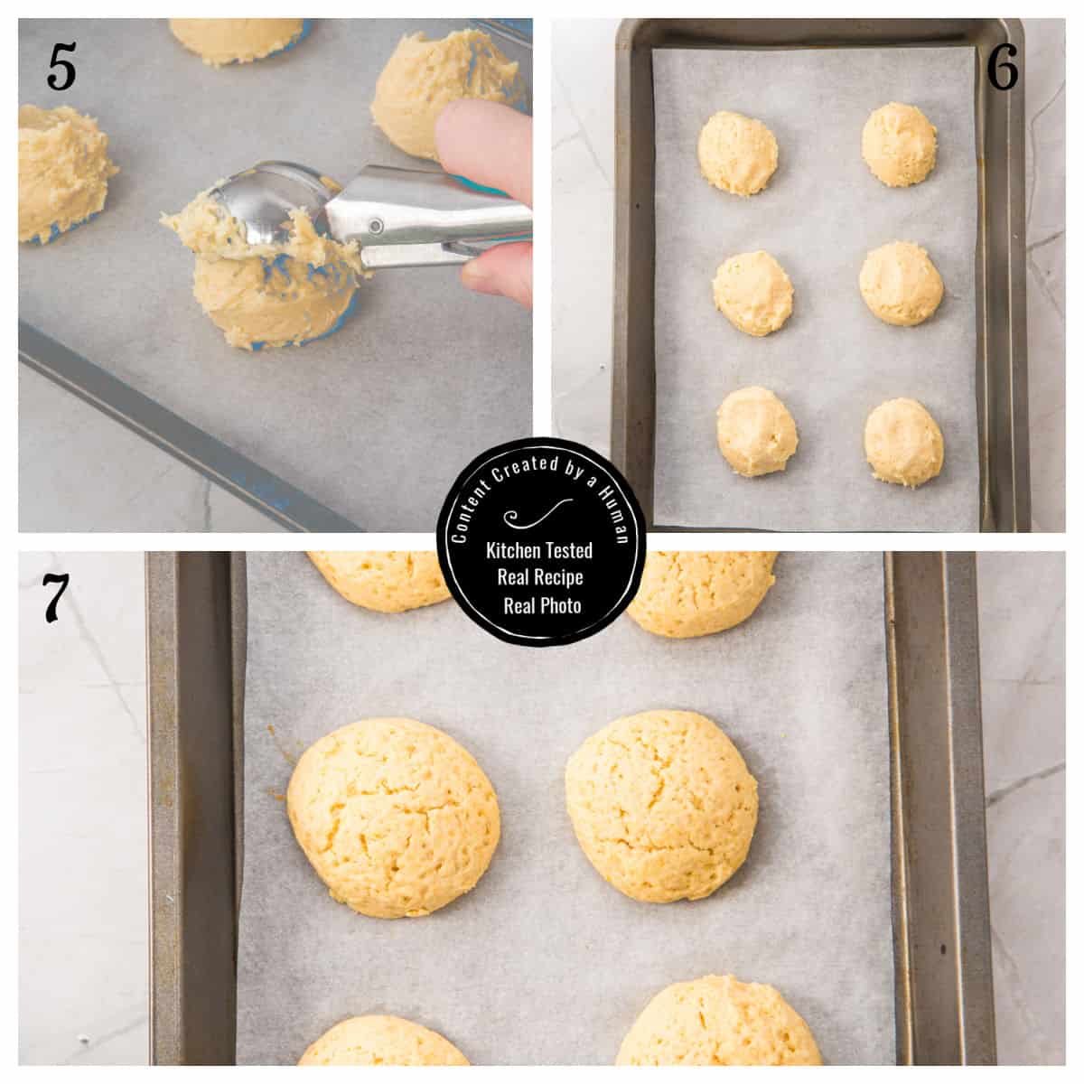 Three images show drop biscuit dough being scooped onto a baking sheet, six dough balls before baking, and the finished baked biscuits on parchment paper.