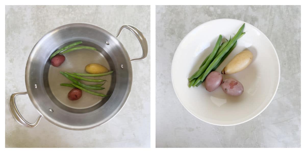 A pot with green beans and small potatoes in water on the left; the same vegetables in a white bowl on the right.