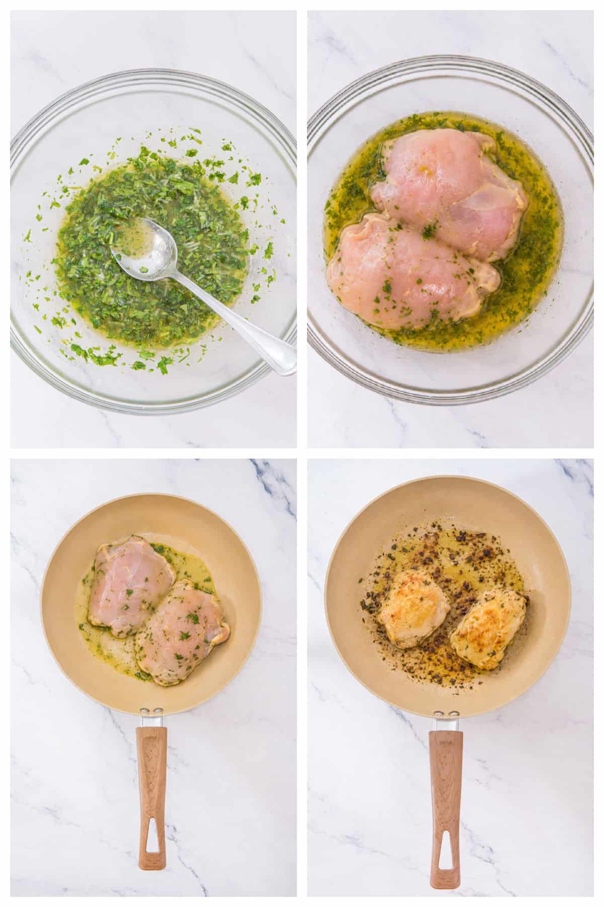 Four-panel image showing: herb marinade in a bowl, raw chicken in marinade, marinated chicken in a pan, and cooked chicken browning in the same pan.