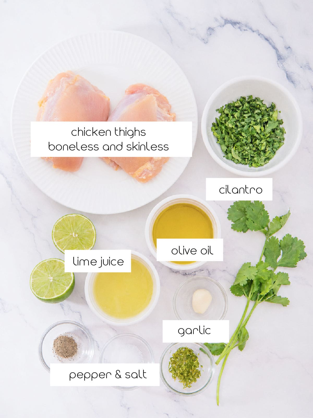 Raw boneless skinless chicken thighs, chopped cilantro, lime juice, olive oil, garlic, pepper and salt are arranged on a white surface.
