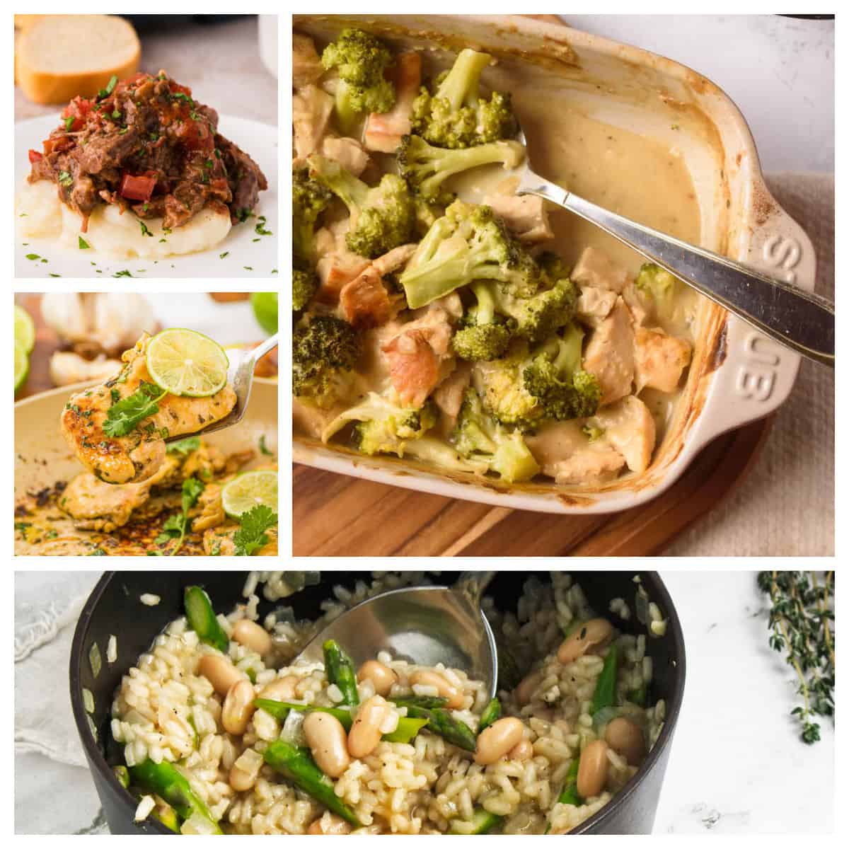 Collage of four meals: swiss steak, baked chicken divan, pan-fried chicken in creamy lime sauce, and asparagus bean risotto in a pot.