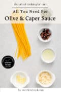 Uncooked spaghetti, chopped olives, capers, olive oil, chopped garlic, and grated cheese arranged in bowls on a light surface. Text reads: All You Need For Olive & Caper Sauce..