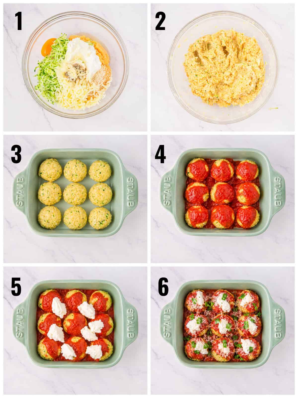 Six-step collage showing the process of preparing zucchini parmesan meatballs: mixing ingredients, shaping balls, baking, adding sauce and cheese, and garnishing with herbs in a green baking dish.