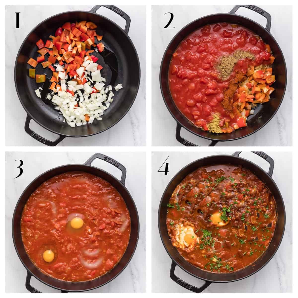 Four-step cooking process: sautéing chopped vegetables, adding tomatoes and spices, simmering sauce with eggs, and finished shakshuka for one garnished with herbs.