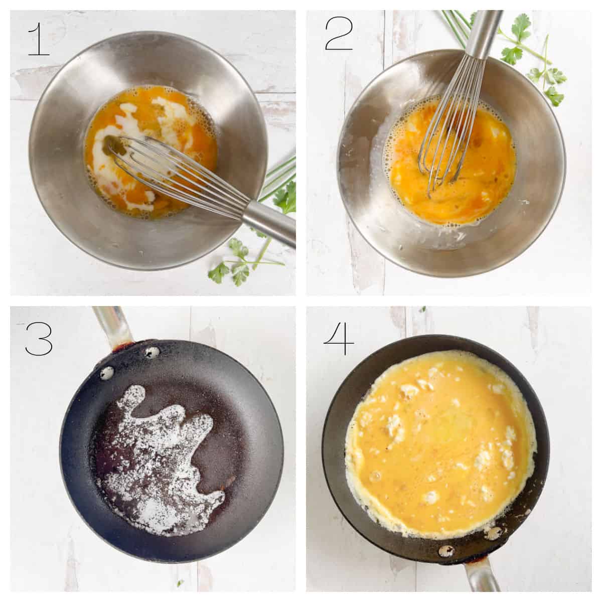 Four-step photo collage showing eggs and milk being whisked in a bowl, then poured into a hot skillet with melted butter.