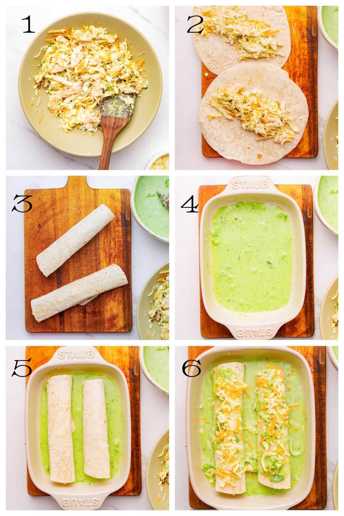A six-step photo tutorial showing how to fill, roll, and sauce easy enchiladas verde in a baking dish.